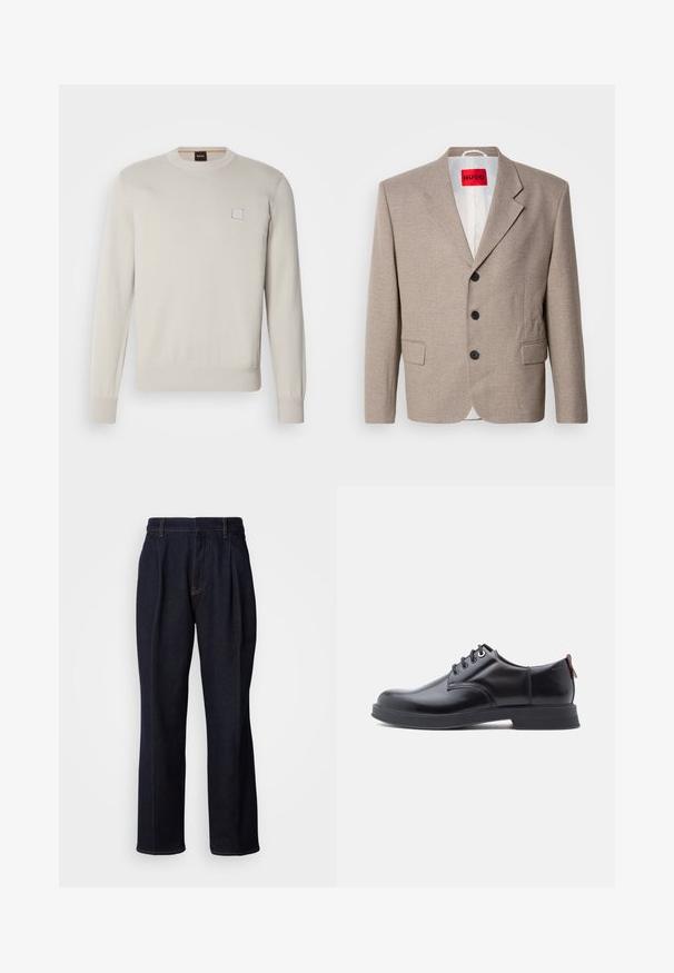 Beige skræddersyet blazer med strukturerede skuldre, enslydende design, tre sorte knapper, to frontlommer og HUGO-mærke i rød.; Lys beige striktrøje med lange ærmer, rund halsudskæring, ribbede kanter og manchetter, med et lille rektangulært logo på brystet.; Mørkeblå vidde denim jeans med frontfældninger og orange syninger, vist på hvid baggrund.; Sorte snørestøvler i læder med glat tekstur, rundet tå og diskrete syningsdetaljer. Har en rød trækflig på hælen.
