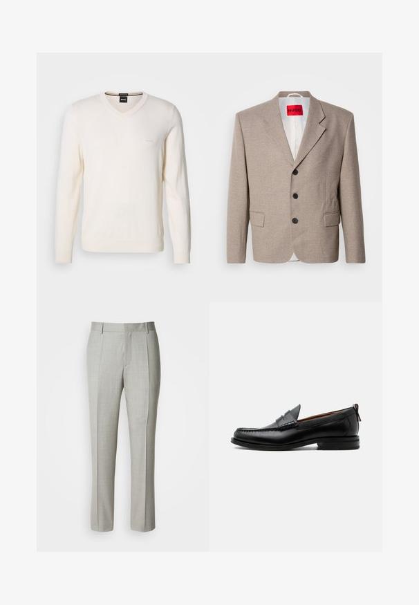Beige skræddersyet blazer med strukturerede skuldre, enslydende design, tre sorte knapper, to frontlommer og HUGO-mærke i rød.; V-hals sweater i off-white, lavet af blødt strikstof. Har lange ærmer og diskret logo-broderi på venstre bryst.; Lysegrå, skræddersyede bukser lavet af glat stof med lige snit, for-pressede læg og klassisk linning med bæltestropper.; Sort læder herre loafer med moc-tå syning, penny strop, struktureret krave og lav stablet hæl på hvid baggrund.