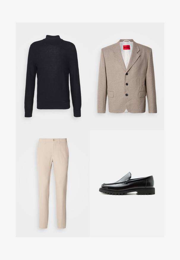 Beige skræddersyet blazer med strukturerede skuldre, enslydende design, tre sorte knapper, to frontlommer og HUGO-mærke i rød.; Sort turtleneck sweater lavet af letvævet materiale, med lange ærmer og ribbede manchetter og bund. Subtil tonal branding på brystet.; Beige bukser lavet af blødt stof, med knaplukning, lige snit og sidelommer. Glat tekstur med minimale syninger.; Sort læderloafer med chunky gummisål, syet overdel og præget mærkenavn på hælen, vist i sideprofil på hvid baggrund.