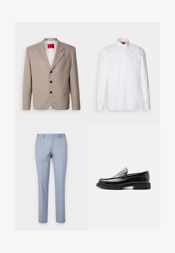 Veste beige ajustée avec épaules structurées, design à un seul bouton, trois boutons noirs, deux poches avant et étiquette HUGO en rouge.; Chemise blanche à manches longues en coton, avec un col classique, une patte de boutonnage à l'avant et une texture lisse. Détail rouge à l'intérieur du col.; Pantalons ajustés bleu clair avec une texture de tissu lisse, dotés d'un devant plat, de deux poches frontales et d'un design slim.; Mocassin en cuir noir avec semelle en caoutchouc épaisse, dessus cousu et nom de marque embossé sur le talon, présenté de profil sur fond blanc.