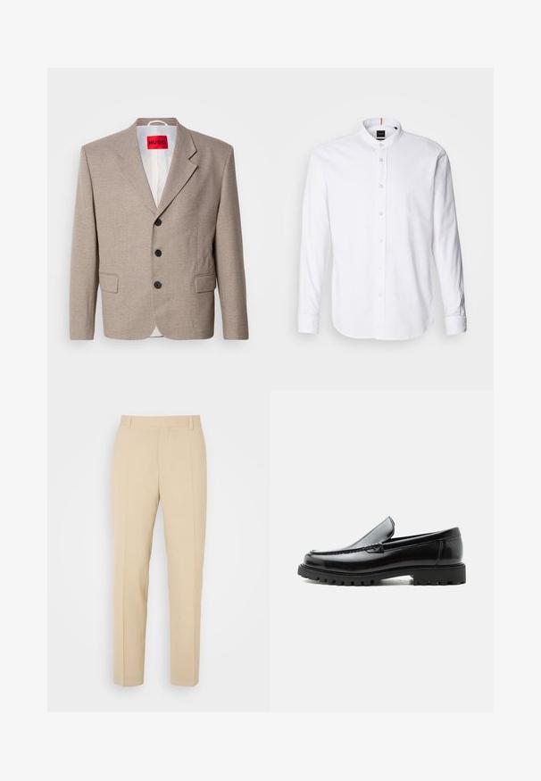 Veste beige ajustée avec épaules structurées, design à un seul bouton, trois boutons noirs, deux poches avant et étiquette HUGO en rouge.; Chemise blanche à manches longues avec col bande, boutonnière à l'avant et ourlet arrondi. Fabriquée en coton, elle présente une texture lisse et un léger éclat.; Pantalons beige ajustés avec une coupe droite, fabriqués en tissu léger, dotés de deux poches avant et de plis bien repassés.; Mocassin en cuir noir avec semelle en caoutchouc épaisse, dessus cousu et nom de marque embossé sur le talon, présenté de profil sur fond blanc.