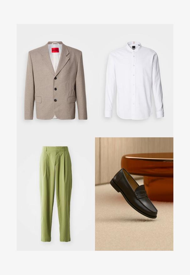 Beige skræddersyet blazer med strukturerede skuldre, enslydende design, tre sorte knapper, to frontlommer og HUGO-mærke i rød.; Hvid langærmet skjorte med bandkrave, knaplukning fortil og rund kant. Lavet af bomuld, med en glat struktur og subtil glans.; Lys grønne bukser lavet af et struktureret stof, med en lige form, folder foran og en standard talje.; Sort læder loafer-sko hængende over beige tæppe med ravfarvet moderne møblement i baggrunden.