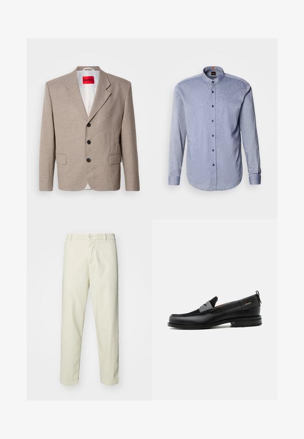 Veste beige ajustée avec épaules structurées, design à un seul bouton, trois boutons noirs, deux poches avant et étiquette HUGO en rouge.; Chemise boutonnée en tissu bleu clair, dotée d'un col montant, de manches longues et de boutons bleu foncé. Texture douce avec un motif subtil.; Pantalon en coton beige clair avec une coupe droite, dotés d'une fermeture à bouton à l'avant et de poches standard, texture lisse et sans motifs.; Mocassin en cuir noir avec détail de bride grise, talon bas et semelle texturée, marqué "HUGO" en or sur le côté.