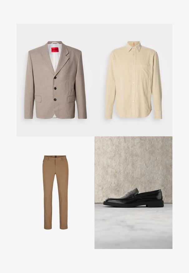 Beige op maat gemaakte blazer met gestructureerde schouders, een enkelgesloten ontwerp, drie zwarte knopen, twee voorzakken en HUGO-label in het rood.; Beige corduroy overhemd met lange mouwen, kraag, voorzak, knoopsluiting en textuur van verticale lijnen. Rond afgewerkte zoom en met knopen sluitende manchetten.; Lichtbruine broek van een katoenmix met een recht model, steekzakken aan de voorkant en een ritssluiting. Minimaal beslag en geen zichtbare patronen.; Zwarte gepolijste leren loafer die boven een beige tapijt zweeft met oranje doorschijnend meubilair op de achtergrond.