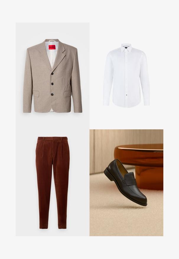 Blazer beige ajustado con hombros estructurados, diseño de un solo botón, tres botones negros, dos bolsillos frontales y etiqueta HUGO en rojo.; Camisa blanca de manga larga hecha de una tela suave, con cierre de botones en la parte delantera, cuello puntiagudo y dobladillo curvado. Acento notable de botón de marca.; Pantalones de pana marrones con corte recto, que presentan pliegues frontales, dos bolsillos laterales y una textura suave. Adecuados para uso casual.; Zapato mocasín de cuero negro con tacón bajo flotando sobre suelo alfombrado beige cerca de una mesa redonda marrón.