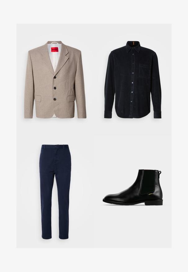 Beige skræddersyet blazer med strukturerede skuldre, enslydende design, tre sorte knapper, to frontlommer og HUGO-mærke i rød.; Langærmet mørkeblå kordfløjlsskjorte med knaplukning foran, en enkelt brystlomme og blå knapper. Blød tekstur med ribbet mønster.; Mørkeblå chinos lavet af letvægtsstof, med lige ben-design, knaplukning og sidelommer. Glat tekstur uden mønstre.; Sort læder ankelstøvle med elastisk sidelæpanel, lav hæl, trækflig bagpå og lille gyldent "HUGO" logo på ydersiden.