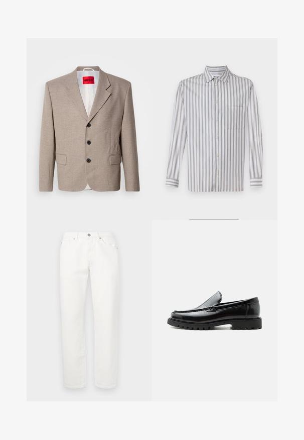 Blazer beige ajustado con hombros estructurados, diseño de un solo botón, tres botones negros, dos bolsillos frontales y etiqueta HUGO en rojo.; Camisa de botones en gris claro con rayas verticales blancas, mangas largas, cuello, un bolsillo en el pecho y una textura sutil.; Pantalones de mezclilla blanca con un diseño de pierna recta. Presenta un clásico diseño de cinco bolsillos, cierre de botón metálico y una ligera textura.; Mocasín de cuero negro con suela de goma gruesa, empeine cosido y nombre de la marca en relieve en el talón, mostrado en perfil lateral sobre fondo blanco.