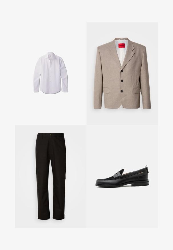 Veste beige ajustée avec épaules structurées, design à un seul bouton, trois boutons noirs, deux poches avant et étiquette HUGO en rouge.; Chemise blanche à manches longues avec boutons, en tissu lisse, dotée d'un col classique, d'une patte de boutonnage avant et d'un ourlet arrondi.; Pantalon en coton noir avec une coupe droite, des passants de ceinture, une fermeture éclair à l'avant et un seul bouton. Texture lisse sans motifs visibles.; Mocassin en cuir noir avec détail de bride grise, talon bas et semelle texturée, marqué "HUGO" en or sur le côté.