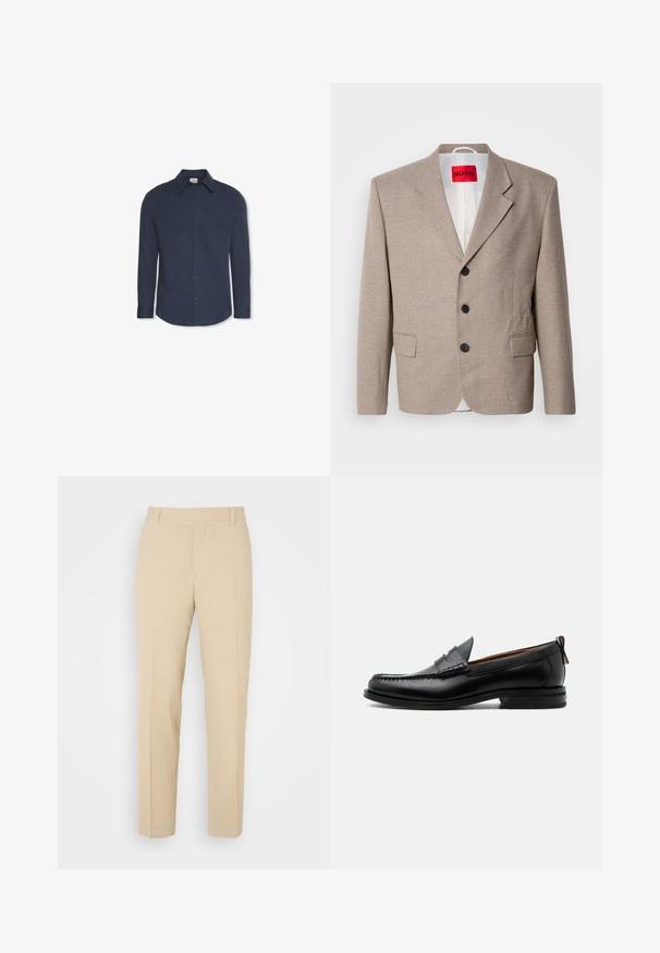 Blazer beige ajustado con hombros estructurados, diseño de un solo botón, tres botones negros, dos bolsillos frontales y etiqueta HUGO en rojo.; Camisa azul marino de manga larga con botones, cuello y puños, con una etiqueta de Calvin Klein dentro del cuello.; Pantalones de color beige ajustados con un diseño de pierna recta, elaborados en una tela ligera, que presentan dos bolsillos frontales y pliegues bien planchados.; Mocasín de hombre de piel negra con costura moc toe, tira penny, cuello texturizado y tacón bajo apilado sobre fondo blanco.