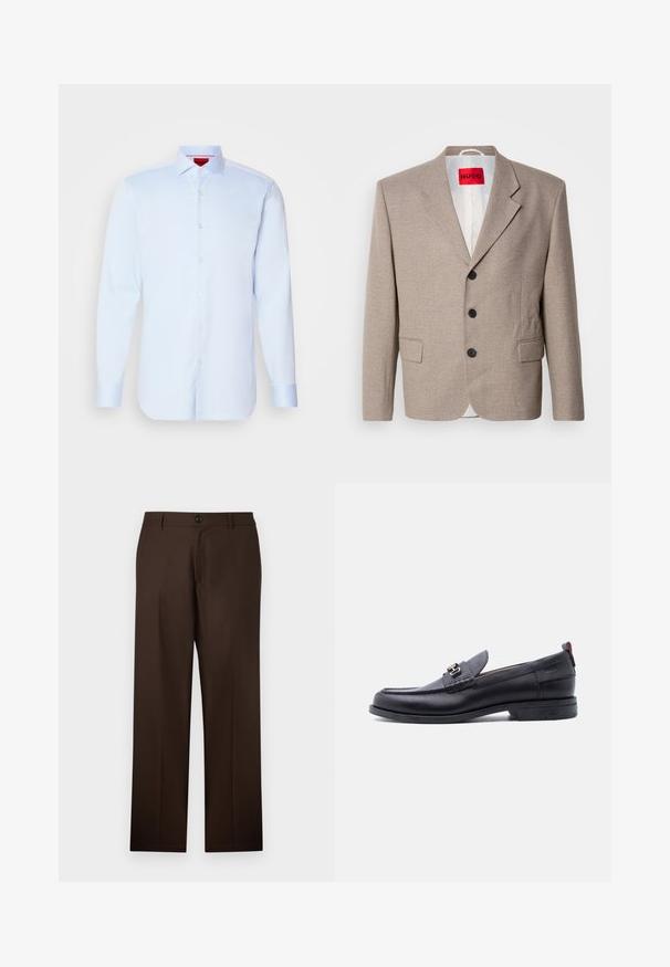 Beige skræddersyet blazer med strukturerede skuldre, enslydende design, tre sorte knapper, to frontlommer og HUGO-mærke i rød.; Lyseblå langærmet skjorte med knapper, spredt krave, rund kant og hvide knapper. Glat stof med en subtil glans.; Brune, skræddersyede bukser med lige ben-design, knaplukning og glat stoftekstur. Ingen synlige mønstre eller accenter.; Sort lædermokasin med grå tekstureret forfod, sølvfarvet metalspænde, lav hæl og trækflap bagpå.
