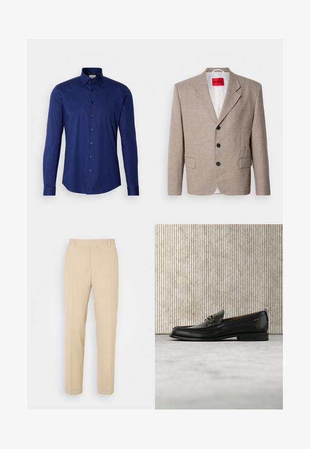 Blazer beige ajustado con hombros estructurados, diseño de un solo botón, tres botones negros, dos bolsillos frontales y etiqueta HUGO en rojo.; Camisa de manga larga azul marino hecha de algodón suave, con una botonera y un collar estructurado, con un sutil logo cerca del pecho.; Pantalones de color beige ajustados con un diseño de pierna recta, elaborados en una tela ligera, que presentan dos bolsillos frontales y pliegues bien planchados.; Mocasín de cuero negro con pieza metálica dorada y logotipo "HUGO", exhibido sobre una alfombra beige y muebles translúcidos marrones.