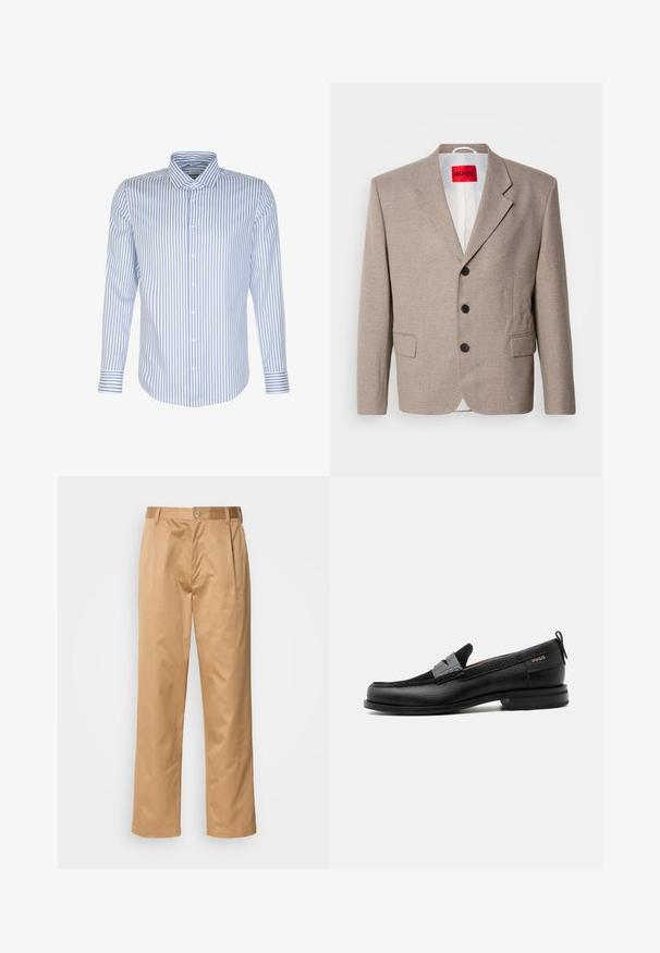 Beige op maat gemaakte blazer met gestructureerde schouders, een enkelgesloten ontwerp, drie zwarte knopen, twee voorzakken en HUGO-label in het rood.; Heren overhemd met lange mouwen, lichtblauwe en witte strepen, knoopsluiting aan de voorkant, klassieke kraag, katoen stof, soepele textuur, gebogen zoom.; Khaki broek, katoenmix, recht model, voorplooien, riemlussen en knoopsluiting. Gladde textuur zonder patronen.; Zwarte leren loafer met grijs riemdetailelement, lage hak en gestructureerde zool, aan de zijkant gebrandmerkt met "HUGO" in goud.
