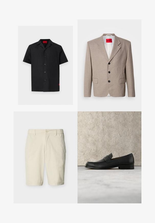 Veste beige ajustée avec épaules structurées, design à un seul bouton, trois boutons noirs, deux poches avant et étiquette HUGO en rouge.; Chemise noire à manches courtes avec boutons, col camp et une étiquette rouge « HUGO » à l'intérieur de l'encolure ainsi qu'une petite étiquette rouge sur le bas côté.; Shorts beige mi-longueur avec fermeture à bouton, bandes élastiques latérales à la taille, passants pour ceinture et poches latérales sur fond uni.; Mocassin en cuir noir flottant au-dessus d'un tapis beige avec une table ronde brune brillante en arrière-plan.