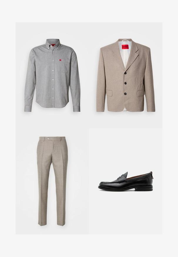 Beige skræddersyet blazer med strukturerede skuldre, enslydende design, tre sorte knapper, to frontlommer og HUGO-mærke i rød.; Grå skjorte med knappestrik i bomuldsstof, med en brystlomme med et lille rødt logo. Blød tekstur, struktureret krave og lange ærmer.; Beige skræddersyede bukser med en tekstureret overflade, der har en knaplukning og to sidelommer. Struktureret design med et lige ben-silhuet.; Sort læder herre loafer med moc-tå syning, penny strop, struktureret krave og lav stablet hæl på hvid baggrund.