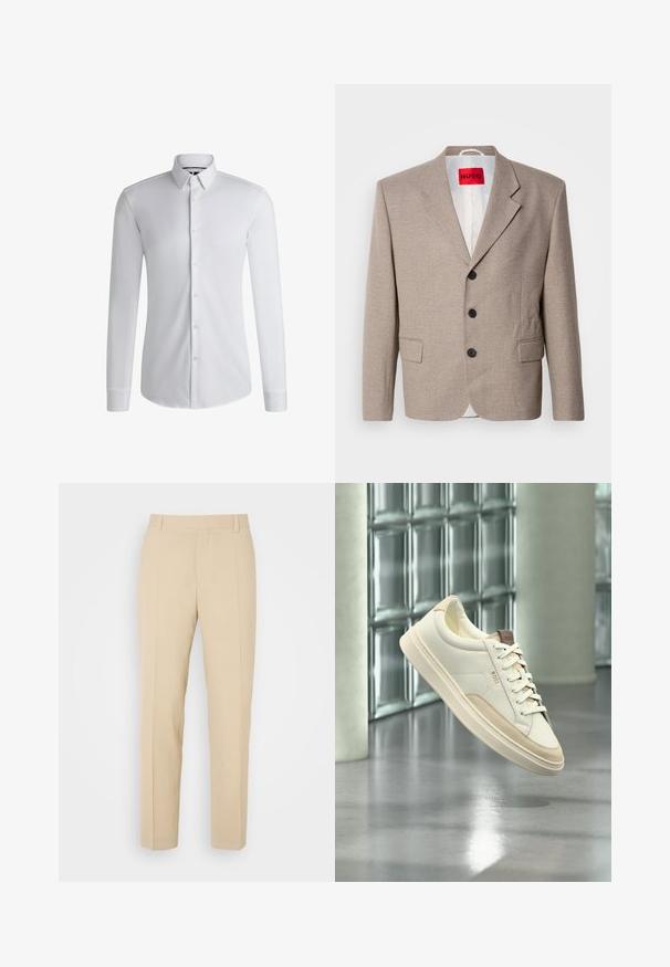 Blazer beige ajustado con hombros estructurados, diseño de un solo botón, tres botones negros, dos bolsillos frontales y etiqueta HUGO en rojo.; Camisa blanca de manga larga hecha de tejido suave, con un cuello abotonado y una fila de botones en la parte delantera. Diseño simple.; Pantalones de color beige ajustados con un diseño de pierna recta, elaborados en una tela ligera, que presentan dos bolsillos frontales y pliegues bien planchados.; Zapatilla blanca de perfil bajo con detalles y cordones beige, con la marca "BOSS", flotando sobre un suelo pulido con una pared de bloques de vidrio al fondo.