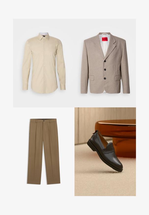 Veste beige ajustée avec épaules structurées, design à un seul bouton, trois boutons noirs, deux poches avant et étiquette HUGO en rouge.; Chemise beige à manches longues en tissu lisse. Présente un col classique et un col intérieur blanc contrastant avec des pois noirs.; Pantalon droit marron avec passants de ceinture, bouton sur le devant et fermeture éclair, présenté à plat sur fond blanc.; Mocassin en cuir noir à talon bas flottant au-dessus d'un tapis beige, à côté d'une table brillante couleur ambre dans une pièce minimaliste.