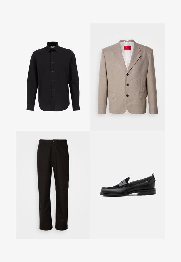 Beiger maßgeschneiderter Blazer mit strukturierten Schultern, einreihigem Design, drei schwarzen Knöpfen, zwei Vordertaschen und rotem HUGO-Label.; Schwarze Langarm-Hemdbluse aus gewebtem Stoff, ausgestattet mit einem klassischen Kragen, geradem Saum und schwarzen Knöpfen an der Vorderseite.; Schwarze Baumwollhosen mit geradem Schnitt, Gürtelschlaufen, einem Reißverschluss vorne und einem einzelnen Knopfverschluss. Glatte Textur ohne sichtbare Muster.; Schwarzer Lederloafer mit grauem Riemendetail, niedrigem Absatz und strukturierter Sohle, seitlich mit „HUGO“ in Gold gebrandmarkt.