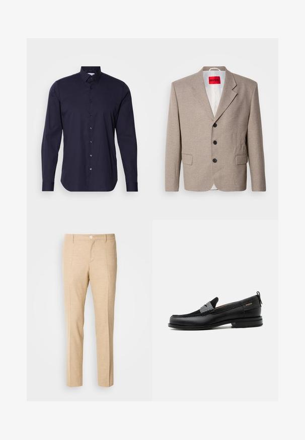 Beige op maat gemaakte blazer met gestructureerde schouders, een enkelgesloten ontwerp, drie zwarte knopen, twee voorzakken en HUGO-label in het rood.; Marineblauwe overhemd met lange mouwen, klassieke kraag en een slanke pasvorm. Gemaakt van een gladde stof met een subtiele logo op de borst.; Beige op maat gemaakte broeken van textuurstof, met een rechte pijpenontwerp, een dubbele plooi aan de voorkant en een enkele knoopsluiting in de taille.; Zwarte leren loafer met grijs riemdetailelement, lage hak en gestructureerde zool, aan de zijkant gebrandmerkt met "HUGO" in goud.