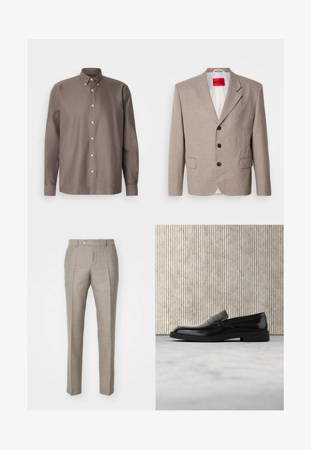 Beige skræddersyet blazer med strukturerede skuldre, enslydende design, tre sorte knapper, to frontlommer og HUGO-mærke i rød.; Brun skjorte med knapper, der har krave, lange ærmer, diskrete lodrette striber og hvide knapper foran.; Beige skræddersyede bukser med en tekstureret overflade, der har en knaplukning og to sidelommer. Struktureret design med et lige ben-silhuet.; Sort poleret læderloafer flydende over beige tæppe med orange gennemsigtigt møbel i baggrunden.