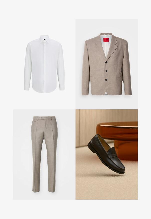 Veste beige ajustée avec épaules structurées, design à un seul bouton, trois boutons noirs, deux poches avant et étiquette HUGO en rouge.; Chemise blanche à manches longues en tissu lisse, avec un col standard, une fermeture à boutons à l'avant et un ourlet arrondi. Pas de motifs ni d'accents visibles.; Pantalons taillés beiges avec une finition en relief, dotés d'une fermeture à bouton et de deux poches latérales. Design structuré avec une silhouette à jambe droite.; Chaussure mocassin en cuir noir suspendue au-dessus d’un tapis beige avec du mobilier moderne couleur ambre en arrière-plan.