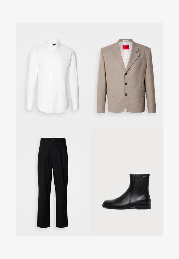 Blazer beige ajustado con hombros estructurados, diseño de un solo botón, tres botones negros, dos bolsillos frontales y etiqueta HUGO en rojo.; Camisa blanca de manga larga, con cierre de botones en el frente, cuello clásico, confeccionada con una tela suave con una textura sutil, diseñada para un ajuste entallado.; Pantalones rectos negros con cintura con botones, trabillas para cinturón y pliegue frontal, exhibidos sobre un fondo blanco liso.; Botín negro de cuero con tacón bajo, costura lateral y pequeño logo "HUGO" en el puño superior sobre un fondo liso.