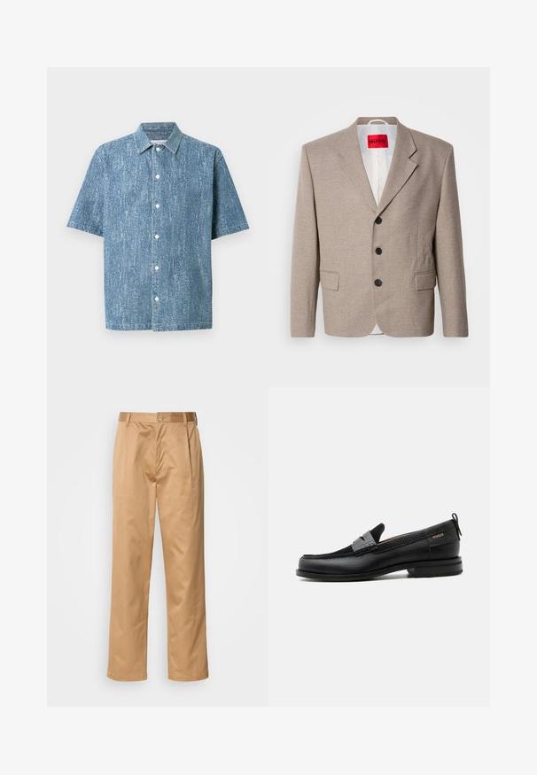 Veste beige ajustée avec épaules structurées, design à un seul bouton, trois boutons noirs, deux poches avant et étiquette HUGO en rouge.; Chemise à manches courtes en tissu denim bleu avec une finition texturée, dotée d'un col classique et de boutons blancs.; Pantalons khaki, en mélange de coton, coupe droite, plis avant, passants de ceinture et fermeture à bouton. Texture lisse sans motifs.; Mocassin en cuir noir avec détail de bride grise, talon bas et semelle texturée, marqué "HUGO" en or sur le côté.