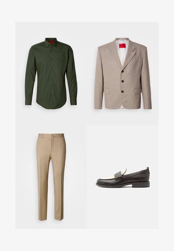 Beige skræddersyet blazer med strukturerede skuldre, enslydende design, tre sorte knapper, to frontlommer og HUGO-mærke i rød.; Mørkegrøn langærmet skjorte lavet af glat bomuld, med en klassisk krave, sorte knapper og en buet kant. Rødt brandlogo på kraven.; Beige skræddersyede bukser i tekstureret stof med flad front og lige ben. Har sidelommer og bæltestropper, der giver et poleret udtryk.; Mørkebrune herresko i læder med cremefarvet stofpanel og klassisk syning på remmen, flad sål og trækskærm ved hælen.