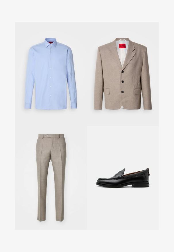 Beige skræddersyet blazer med strukturerede skuldre, enslydende design, tre sorte knapper, to frontlommer og HUGO-mærke i rød.; Lyseblå langærmet skjorte lavet af bomuld, med klassisk krave og knaplukning foran med hvide knapper. Glat tekstur.; Beige skræddersyede bukser med en tekstureret overflade, der har en knaplukning og to sidelommer. Struktureret design med et lige ben-silhuet.; Sort læder herre loafer med moc-tå syning, penny strop, struktureret krave og lav stablet hæl på hvid baggrund.