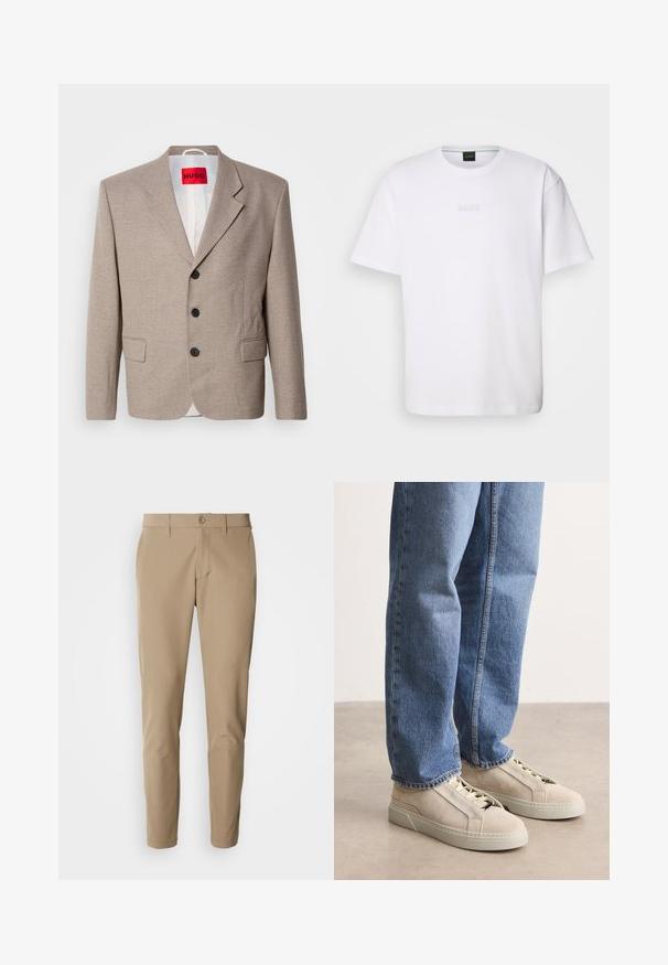 Beige skræddersyet blazer med strukturerede skuldre, enslydende design, tre sorte knapper, to frontlommer og HUGO-mærke i rød.; Hvid bomulds T-shirt med korte ærmer, rund halsudskæring og præget "BOSS" logo på brystet. Glat tekstur, standard pasform.; Beige bukser lavet af glat stof med lige snit, der har en knaplukning og for- lommer, samt bæltestropper.; BOSS GARYTENN_SDHDEL - Sneakers - natural ten