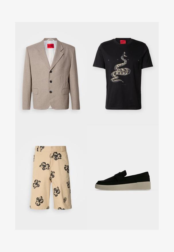 Veste beige ajustée avec épaules structurées, design à un seul bouton, trois boutons noirs, deux poches avant et étiquette HUGO en rouge.; T-shirt noir à manches courtes avec un graphisme d'un serpent enroulé et le texte « HUGO » espacé sur la poitrine sous l'étiquette du col.; Shorts beiges avec un motif floral hibiscus noir. Dotés d'une taille élastique et d'un détail de logo sur le côté inférieur. Fabriqués en tissu léger.; Chaussure noire à enfiler avec une semelle épaisse beige clair, un talon bas et un détail de sangle sur le côté supérieur sur un fond gris clair uni.