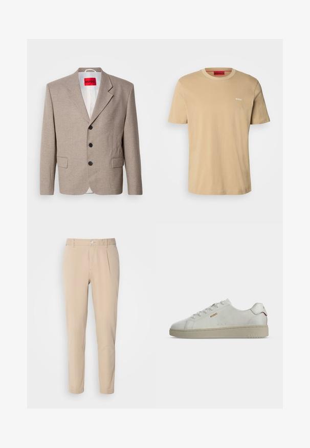 Beige skræddersyet blazer med strukturerede skuldre, enslydende design, tre sorte knapper, to frontlommer og HUGO-mærke i rød.; Beige bomulds t-shirt med rund halsudskæring, korte ærmer og et lille hvidt "HUGO" logo på brystet. Glat tekstur uden mønstre.; Beige bukser med en slim fit, lavet af vævet materiale. Har en enkelt knaplukning, plisseret front og lige ben.; Hvid lavtop sneaker med beige sål, guld "HUGO" logo på siden og rød accent på hælstrop, vist i sideprofil.