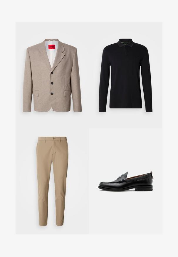 Beige skræddersyet blazer med strukturerede skuldre, enslydende design, tre sorte knapper, to frontlommer og HUGO-mærke i rød.; Sort langærmet polo skjorte lavet af glat stof. Har en krave, tre-knaps lukning og et diskret logo på brystet.; Beige bukser lavet af glat stof med lige snit, der har en knaplukning og for- lommer, samt bæltestropper.; Sort læder herre loafer med moc-tå syning, penny strop, struktureret krave og lav stablet hæl på hvid baggrund.