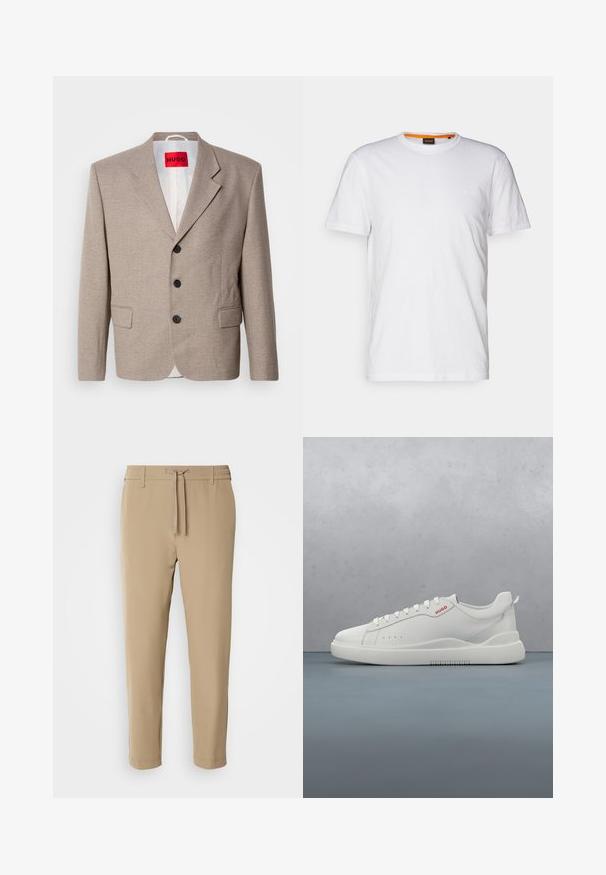 Beige skræddersyet blazer med strukturerede skuldre, enslydende design, tre sorte knapper, to frontlommer og HUGO-mærke i rød.; Hvid bomulds T-shirt med rund hals, korte ærmer og et subtilt præget logo på brystet. Indvendigt mærke har en orange detalje.; Beige, tapered bukser med elastisk talje og snor. Glat stof med et rent design uden synlige mønstre eller hardware.; Hvide sneakers med en glat læderfinish, rund tå, fire snørehuller, subtile perforeringer og en rød logo detalje på siden.