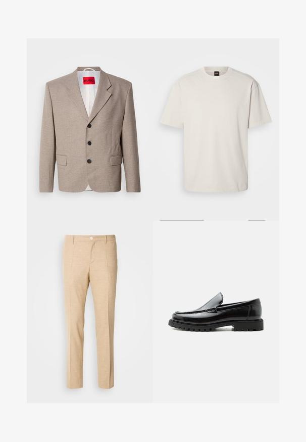 Beige skræddersyet blazer med strukturerede skuldre, enslydende design, tre sorte knapper, to frontlommer og HUGO-mærke i rød.; Kortærmet, crew-neck t-shirt i off-white bomuld med lige snit og minimal branding på kraven. Blød tekstur, uden mønstre.; Beige skræddersyede bukser med en struktureret stof, lige ben-design, frontklapper og en enkelt knaplukning i taljen.; Sort læderloafer med chunky gummisål, syet overdel og præget mærkenavn på hælen, vist i sideprofil på hvid baggrund.