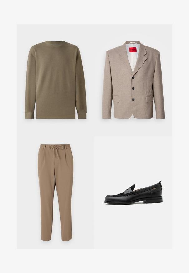 Blazer beige ajustado con hombros estructurados, diseño de un solo botón, tres botones negros, dos bolsillos frontales y etiqueta HUGO en rojo.; Blusa de longitud larga en verde oliva, con manga larga y textura, cuello redondo y tejido de canalé, con dobladillos rectos y mangas estructuradas.; Pantalones beige ajustados con cintura ajustable, bolsillos laterales y textura suave. Sin patrones visibles ni acentos adicionales.; Mocasín de cuero negro con detalle de tira gris, tacón bajo y suela texturizada, con la marca "HUGO" en oro en el lateral.