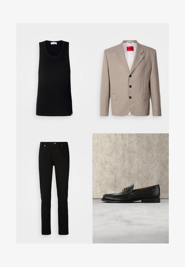Blazer beige ajustado con hombros estructurados, diseño de un solo botón, tres botones negros, dos bolsillos frontales y etiqueta HUGO en rojo.; Camiseta sin mangas negra de algodón, con un escote redondo y un diseño sencillo que presenta una etiqueta de marca sutil en el dobladillo.; Vaqueros negros de corte recto con cierre frontal de botón y cremallera, bolsillos delanteros y traseros, mostrados sobre un fondo claro y liso.; Mocasín de cuero negro con pieza metálica dorada y logotipo "HUGO", exhibido sobre una alfombra beige y muebles translúcidos marrones.