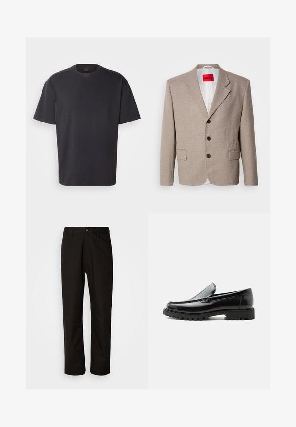 Beige skræddersyet blazer med strukturerede skuldre, enslydende design, tre sorte knapper, to frontlommer og HUGO-mærke i rød.; Sort kortærmet T-shirt lavet af bomuld, med rund halsudskæring og subtil branding ved kraven. Glat tekstur med en afslappet pasform.; Sorte bomuldsbukser med lige pasform, bæltestropper, lynlås foran og en enkelt knappelukning. Glat tekstur uden synlige mønstre.; Sort læderloafer med chunky gummisål, syet overdel og præget mærkenavn på hælen, vist i sideprofil på hvid baggrund.