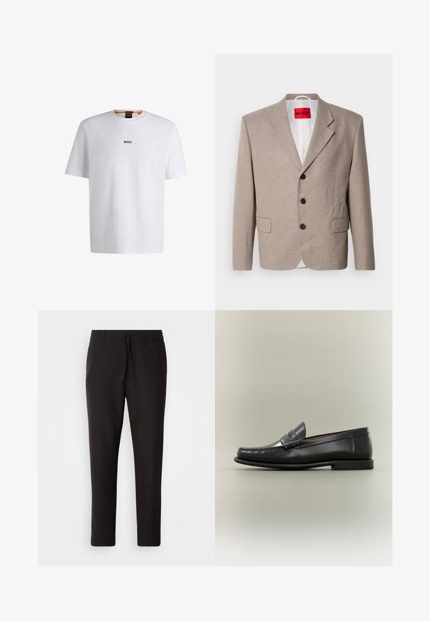 Blazer beige ajustado con hombros estructurados, diseño de un solo botón, tres botones negros, dos bolsillos frontales y etiqueta HUGO en rojo.; Camiseta de algodón blanca de manga corta, con un logotipo negro "BOSS" centrado en el pecho y un diseño de cuello redondo.; Pantalones de chándal negros de tejido suave. Cuentan con una cintura elástica con cordón, piernas ajustadas y sin bolsillos visibles. Diseño sencillo.; Mocasín de hombre de cuero negro con diseño moc-toe, tira de tipo penny y tacón bajo sobre fondo neutro.