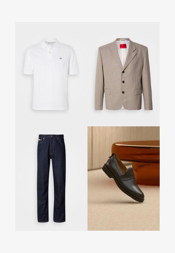 Veste beige ajustée avec épaules structurées, design à un seul bouton, trois boutons noirs, deux poches avant et étiquette HUGO en rouge.; Polo-shirt blanc en coton, doté d'un col classique, de manches courtes et d'un petit logo brodé sur la poitrine gauche.; Jean en denim bleu foncé avec une coupe droite, présentant une braguette à boutons, cinq poches et des détails de coutures contrastantes.; Mocassin en cuir noir à talon bas flottant au-dessus d'un tapis beige, à côté d'une table brillante couleur ambre dans une pièce minimaliste.