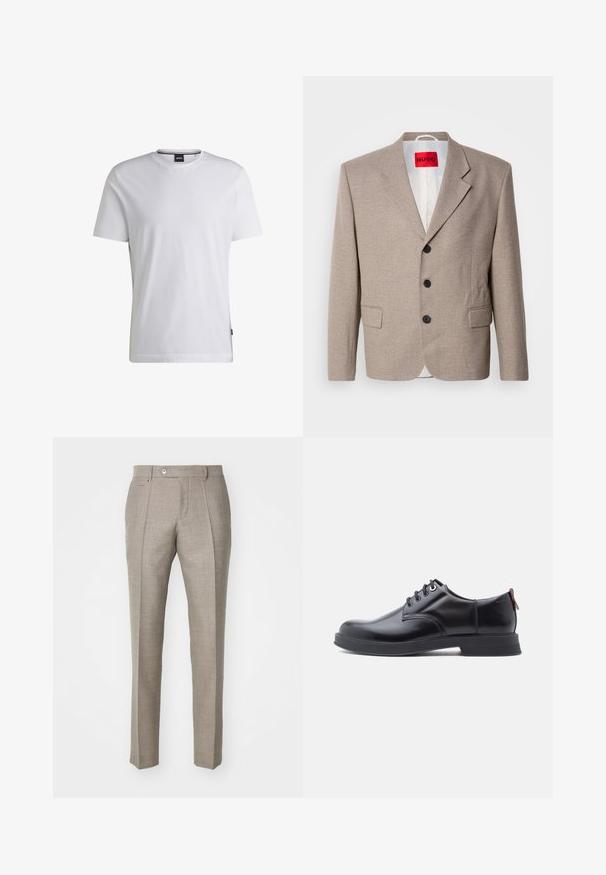 Beige skræddersyet blazer med strukturerede skuldre, enslydende design, tre sorte knapper, to frontlommer og HUGO-mærke i rød.; Hvid T-shirt med korte ærmer lavet af bomuld. Har en rund hals og et diskret mærke på siden. Glat tekstur og enkelt design.; Beige skræddersyede bukser med en tekstureret overflade, der har en knaplukning og to sidelommer. Struktureret design med et lige ben-silhuet.; Sorte snørestøvler i læder med glat tekstur, rundet tå og diskrete syningsdetaljer. Har en rød trækflig på hælen.