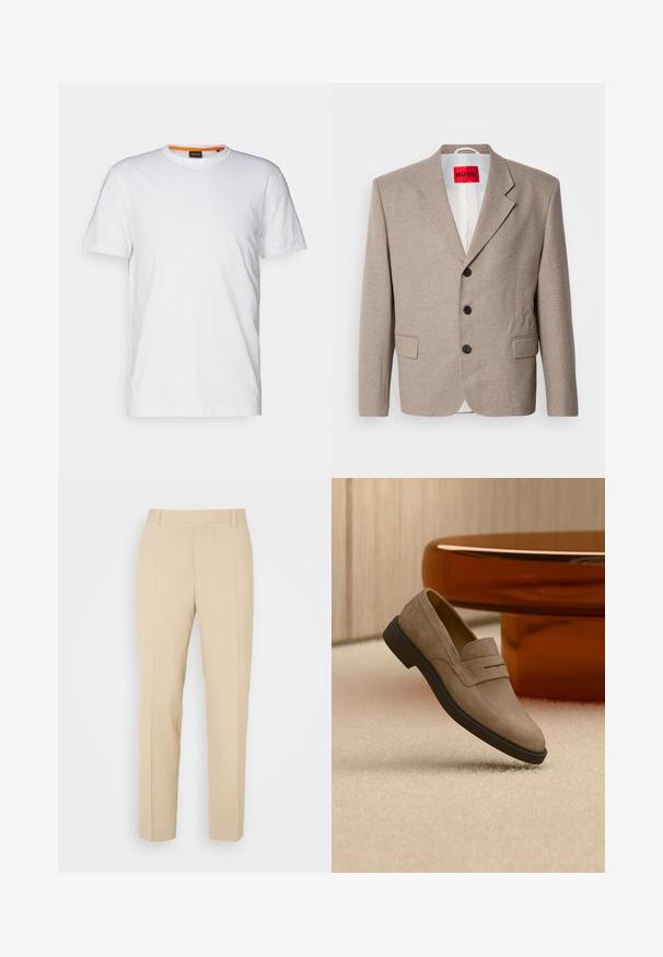 Beige op maat gemaakte blazer met gestructureerde schouders, een enkelgesloten ontwerp, drie zwarte knopen, twee voorzakken en HUGO-label in het rood.; Witte katoenen T-shirt met ronde hals, korte mouwen en een subtiel reliëflogo op de borst. Het binnenlabel heeft een oranje accent.; Beige op maat gemaakte broek met een recht gesneden ontwerp, gemaakt van lichtgewicht stof, met twee voorzakken en nette, geplooide vouwen.; Beige suède loafer met zwarte zool zwevend boven licht tapijt, naast een glanzende bruine ovale salontafel in een moderne kamer.