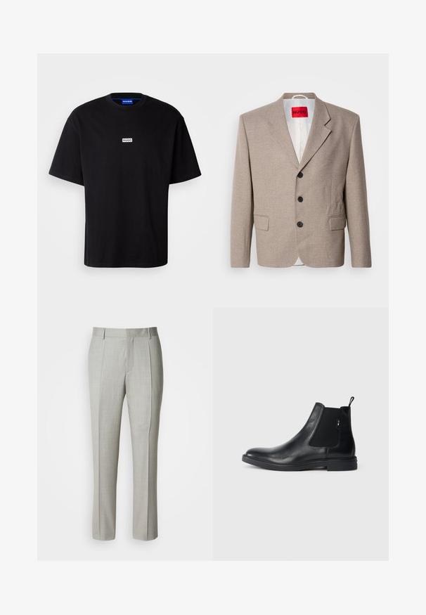 Beiger maßgeschneiderter Blazer mit strukturierten Schultern, einreihigem Design, drei schwarzen Knöpfen, zwei Vordertaschen und rotem HUGO-Label.; Schwarzes Baumwoll-T-Shirt mit Rundhalsausschnitt, kurzen Ärmeln und einem weißen rechteckigen "HUGO"-Logo auf der Brust. Glatte Textur, lockere Passform.; Hellgraue, maßgeschneiderte Hose aus glattem Stoff mit geradem Schnitt, vorderen Abnähern und klassischem Bund mit Gürtelschlaufen.; Schwarze Leder Chelsea-Boots mit elastischen seitlichen Einsätzen, einer Zugschlaufe und einer flachen Gummisohle. Glatte Textur mit minimaler Ausgestaltung.