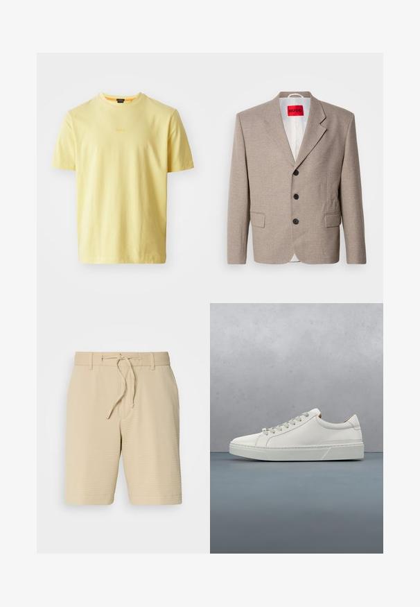 Veste beige ajustée avec épaules structurées, design à un seul bouton, trois boutons noirs, deux poches avant et étiquette HUGO en rouge.; T-shirt en coton jaune clair avec un col rond et des manches courtes. Présente un logo "BOSS" discret au centre. Texture douce, coupe décontractée.; Shorts beiges en tissu texturé, dotés d'une taille élastique avec cordon de serrage et de poches latérales pour plus de fonctionnalité.; Baskets en cuir blanc avec un bout arrondi, design minimaliste, lacets gris et semelle en caoutchouc gris texturé. Détails de couture subtils visibles.
