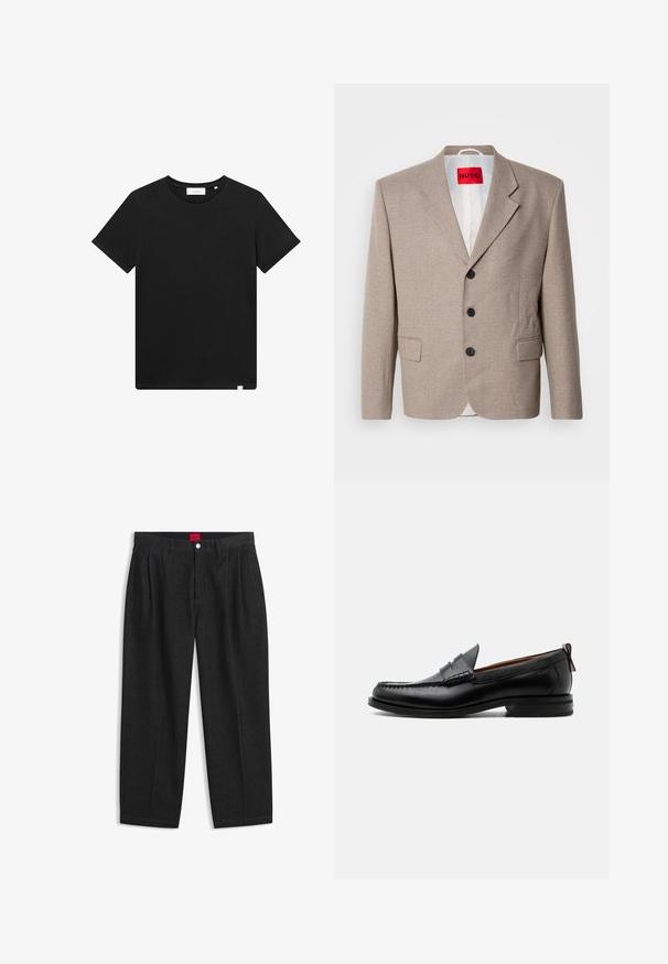 Blazer beige ajustado con hombros estructurados, diseño de un solo botón, tres botones negros, dos bolsillos frontales y etiqueta HUGO en rojo.; Camiseta negra de manga corta, hecha de algodón, con cuello redondo y un pequeño logo bordado en el pecho. Textura suave, ajuste estándar.; Pantalones negros de talle alto con pliegues delanteros, trabillas para cinturón, cierre con botón y cremallera, y una etiqueta roja en el interior de la cintura.; Mocasín de hombre de piel negra con costura moc toe, tira penny, cuello texturizado y tacón bajo apilado sobre fondo blanco.