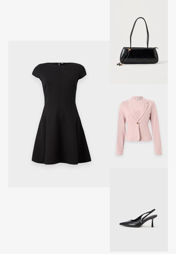 Hellrosa taillierter Blazer mit langen Ärmeln, einzelnem braunem Knopfverschluss und gekerbtem Reverskragen.; Schwarzes Kleid mit kurzen Ärmeln und tailliertem Oberteil sowie ausgestellt Rock. Glattes Material, knielanges Design und ein verdeckter Reißverschluss im Rücken.; Schwarzer Leder Slingback High Heel Schuh mit spitzer Zehenpartie und schmalem Absatz auf einem weißen Hintergrund.; Schwarze rechteckige Handtasche mit zwei langen Trägern, goldfarbenem Ringdetail und Reißverschluss auf hellem, einfarbigem Hintergrund.