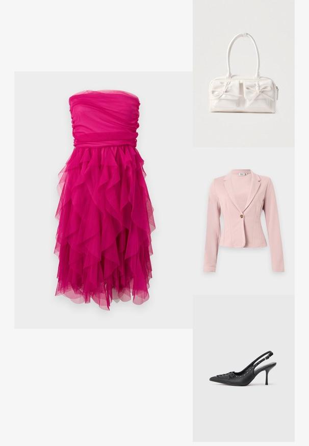 Veste rose clair cintrée à manches longues, fermeture à un bouton marron, col à revers cranté.; Robe bustier fuchsia avec corsage froncé et jupe en tulle à volants superposés, longueur genou avec un design texturé et volumineux.; Escarpin en cuir noir à talon aiguille avec un bout pointu, une bride latérale à boucle, des clous le long du bord et un laçage décoratif à l'avant.; Sac à main synthétique blanc avec deux poches avant, chacune ornée d'un nœud noué. Texture lisse, anses arrondies et fermeture zippée.