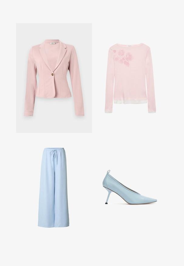 Veste rose clair cintrée à manches longues, fermeture à un bouton marron, col à revers cranté.; T-shirt à manches longues rose avec un ourlet blanc, présentant un motif discret de rose sur l'épaule gauche et un col rond. Texture de tissu douce.; Pantalon bleu clair à jambes larges avec taille élastique et cordon ajustable, confectionné dans un tissu doux et texturé.; Chaussure à talon haut en cuir bleu clair à bout pointu avec talon aiguille fin et languette à l'arrière, vue de côté sur fond blanc.
