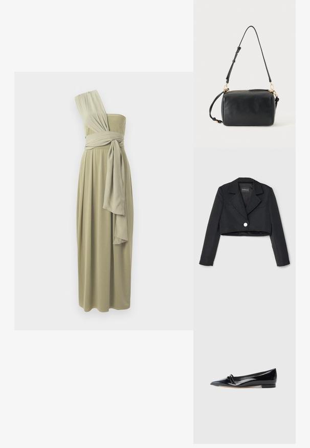 Emporio Armani Blazer - nero; Olijfgroen midi-jurk met één schouder, voorzien van gedrapeerde stof en een gewikkelde taille. Zachte textuur met een vloeiend ontwerp.; Zwarte gepatenteerde leren platte schoen met een puntige neus, een kleine decoratieve band en een lage blokhak. Gladde textuur en strak ontwerp.; Zwarte cilindervormige leren handtas met verstelbare schouderband en gouden rits en beslag op een lichte achtergrond.