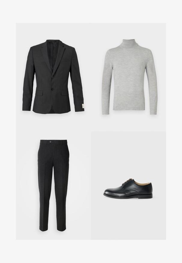Zwarte herenblazer met twee knopen, inkeping revers, klepzakken aan de voorkant en een borstzak met bies, getoond tegen een lichte achtergrond.; Lichtgrijze lange mouwen turtleneck trui met fijne breistekstuur, weergegeven op een effen witte achtergrond.; Lindbergh Broek - black melange; Calvin Klein ESS DERBY - Veterschoenen - triple black