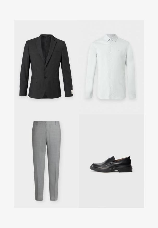Blazer noir pour homme à deux boutons avec revers en cranté, poches à rabat sur le devant et une poche poitrine passepoilée, présenté sur un fond clair.; Chemise habillée homme à manches longues bleu clair, avec fermeture boutonnée sur le devant et col, affichant un logo subtil de la marque sur la poitrine gauche.; Pantalon de costume gris clair sur mesure avec passants de ceinture, devant plat et coupe droite sur fond blanc.; Chaussure habillée noire en cuir, à enfiler, avec un petit talon et un logo Calvin Klein discret sur le côté, présentée de profil sur un fond blanc.